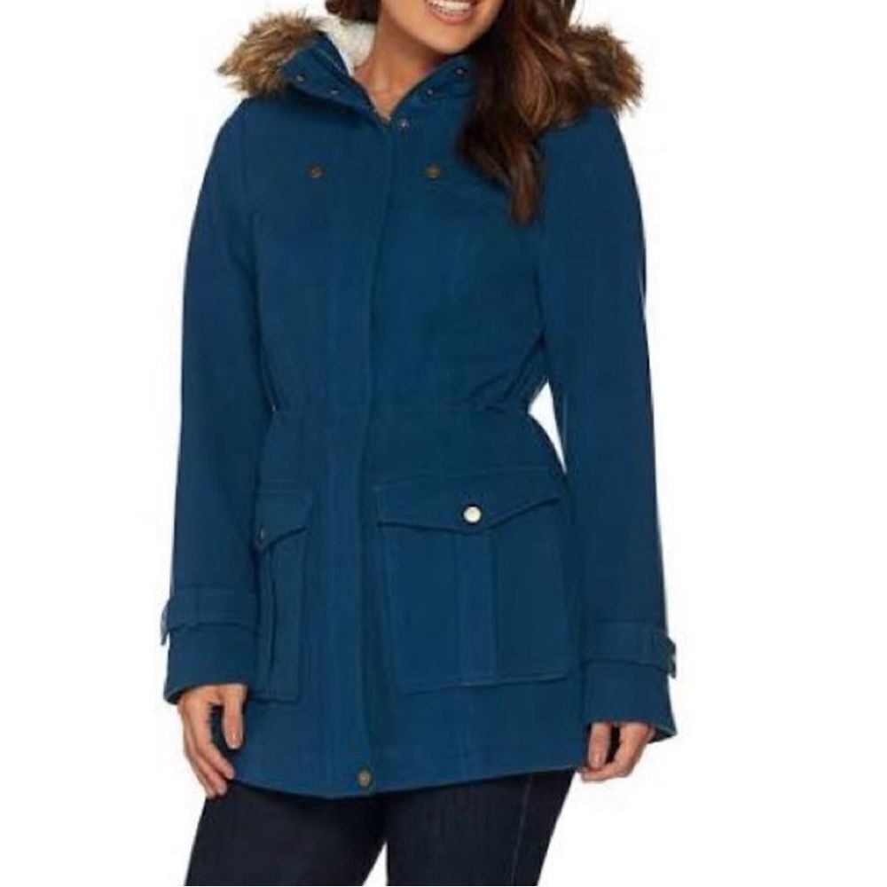 *missing top push snap* Denim & Co Anorak Jacket Sherpa Lined Hood | size XXS